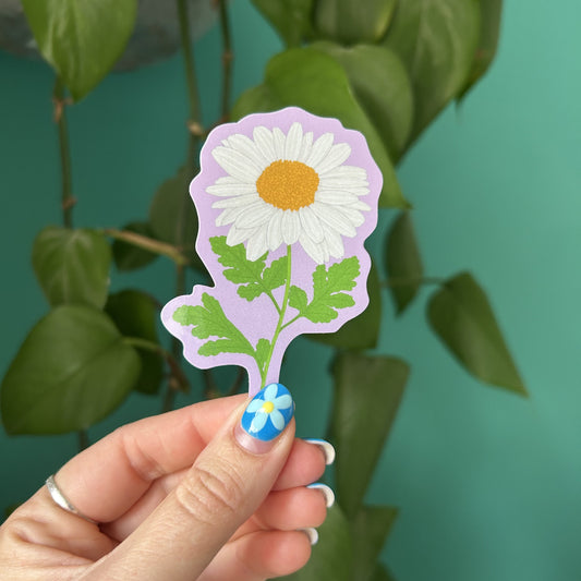 Hand holding a daisy sticker with green leaves against a teal background