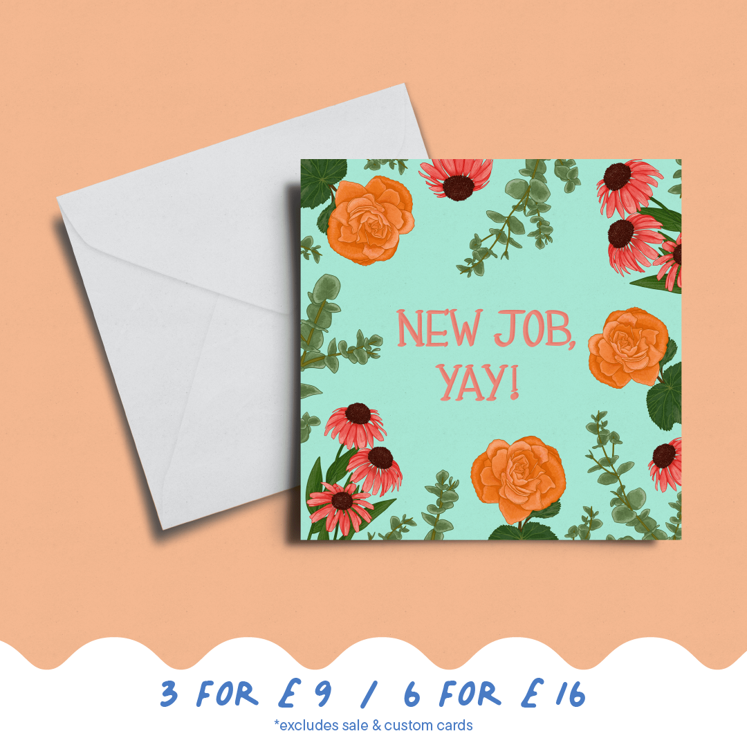 'New Job, Yay!' Dahlia Card
