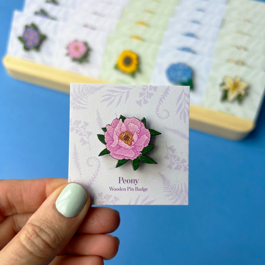 Peony Wooden Pin Badge